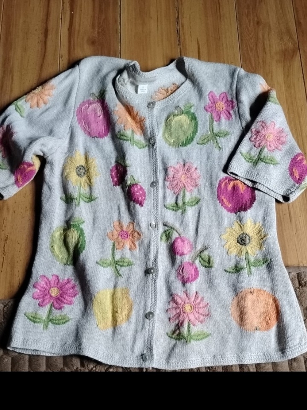 Northern Linen Blend Light Gray Floral Button-Front Cardigan
